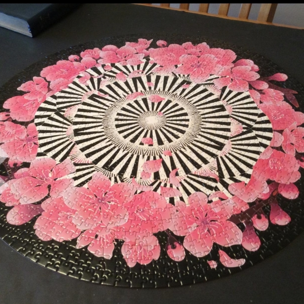 New In Box Romantic Cherry Blossom 1000 Pc Pink, Black, White Round Puzzle - Picture 4 of 5